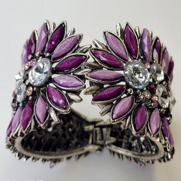 Bold Purple Cuff Bracelet Floral Motif Purple Bangle - Picture 5 of 14